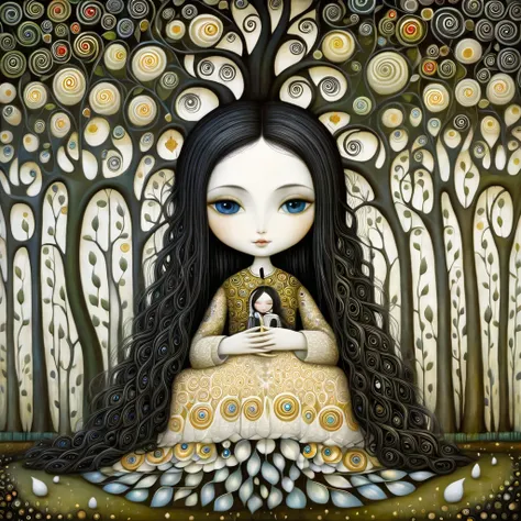 Patchwork by Klimt, Nicoletta Ceccoli, Naoto Hattori, Lawrence Didier, Leonora Carrington of European woman with black long hair, is sitting under a large weeping willow tree and smiling. Aquilones, white flowers. intricate patterns and details, photoreali...