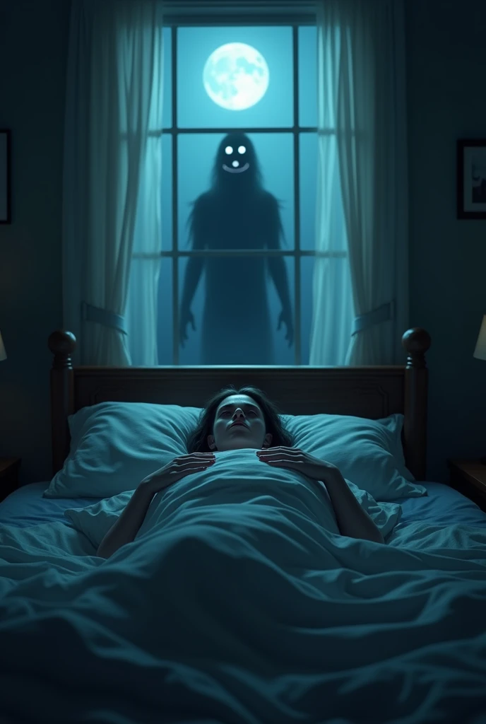  A  sleeping in their sober bedroom ,  the  tightens the cover and is wide-eyed , The moonlight then through the bedroom window ,  and an almost ethereal entity with no eyes displays a sinister smile behind the s bed 