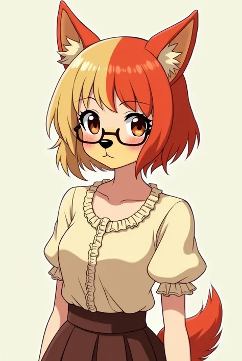  an anime character/ visual novel from the 90s ,  the hair is light blonde on the right side and lighter red on the left side , Short by Maria Chiquinha . Orange ears upwards like dogs . A blouse with puffy sleeves and a ruffled collar with a dark brown wa...