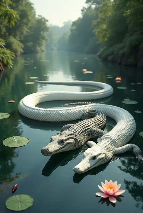 White annoconda and crocodile in River side 