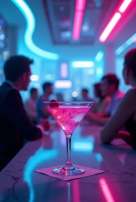 Futuristic bar scene with glowing holograms, sleek high-tech interior design, neon blue and pink lighting, bright cyberpunk cityscape visible through glass walls, futuristic close-up cocktail, dynamic composition, cinematic lighting inspired by sci-fi aest...