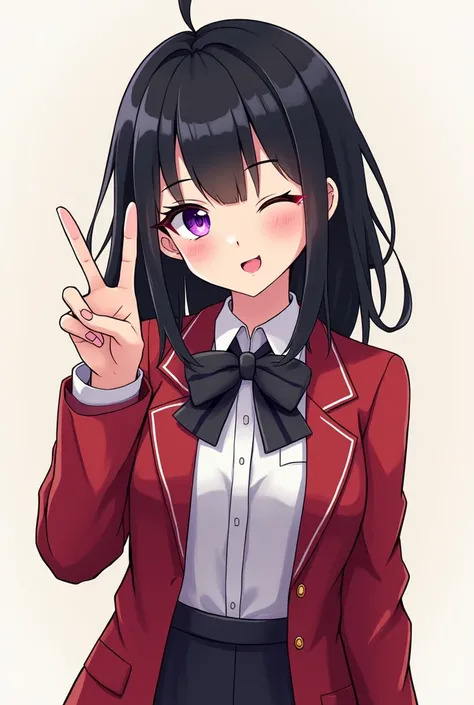 Anime girl pfp simple cool peace sign with tounge out and wink ((Black hair and purple eyes wearing school uniform with red blazer))