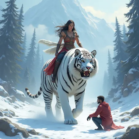 In a snow-covered landscape, a fierce woman rides a massive tiger, its fur intricately detailed. showcasing its prowess. Nearby, a man kneels, captivated by the scene. The backdrop features majestic mountains and dense pine forests, creating an atmosphere ...