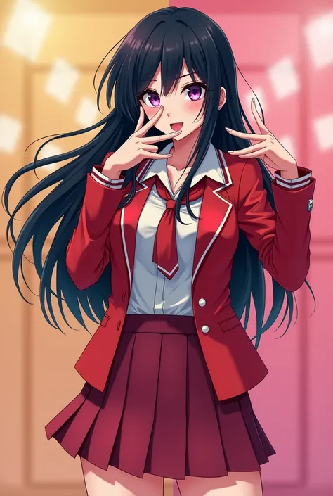 Anime girl pfp simple cool peace sign with tounge out and wink ((Black hair and purple eyes wearing school uniform with red blazer)) ((1980s style))