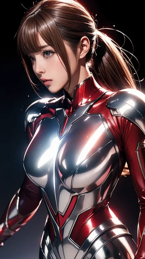  Ultraman、Realistic、Realistic、 Cinematic Lighting ,   Girl in a shiny red and silver suit  、20 years old、 professional photos、Don&#39;Don&#39; skin floating on the surface of the lake,  Japanese model, Japanese CGI、 Ultraman Suit、,  power ranger suit 、 Tig...