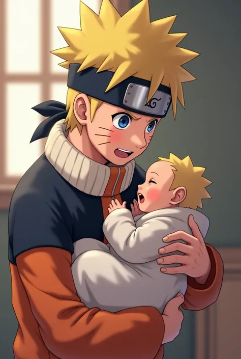 A Naruto drawing of him holding his baby like a fan art
