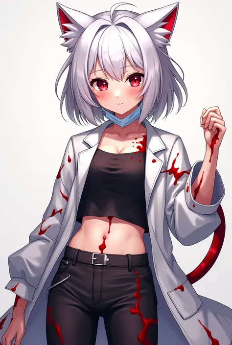  A young anime girl 18 years old with short white hair up to her shoulders,  cat ears and tail  , with red eyes , sweet face  , breast size 2 , Slim , with a toned figure  . Dressed in a science robe  ,  black pants ,  medical mask  ,  gloves and a black c...