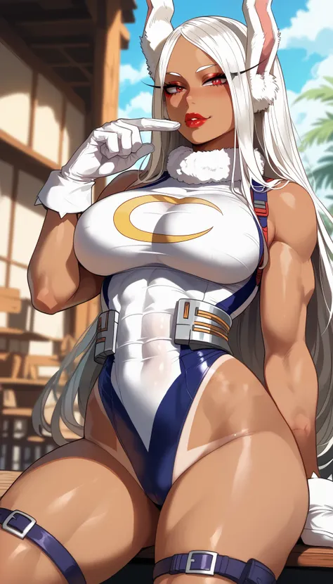  perfect eyes、 Perfectly Sexy Face Swimsuit、 ultra detailed、ultra perfect eyes、Rumi Usagiyama、calm、 Boku no Hero Academia 、 long straight hair 、shiny hair、( Big breasts ), showing cleavage、Tight Waist、 thin waist 、May、 Thigh straps 、 glowing skin、 tanned s...