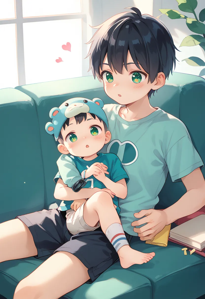 comic style, comic anime cute boy, black hair, green eyes, slightly blushing, is a primary school boy, baby clothes, dino suit p...