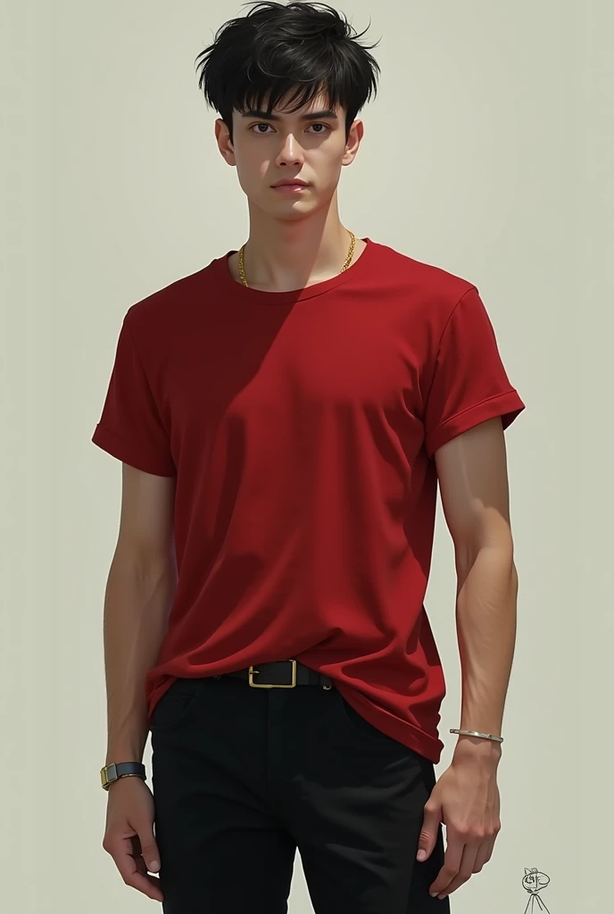 The man, about 24 years old, has short hair, a cream-colored body, wears a T-shirt, shorts is a jinn, wears a red shirt, black pants.
