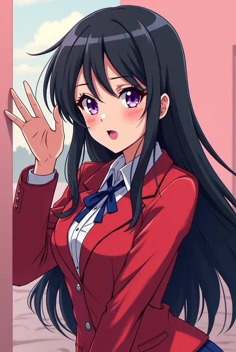 Anime girl pfp simple cool peace sign with tounge out and wink ((Black hair and purple eyes wearing school uniform with red blazer)) ((1980s style))