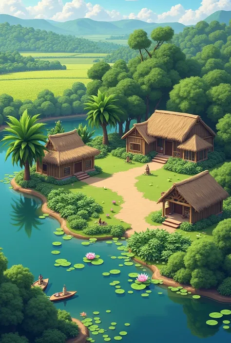 Create three village homes near the big lake with full of lotus but no mountain. The first farm house has a large tamarind tree and the second farm house is a little big house with a large tamarind tree. To its south is a shrine and a large grove of trees....