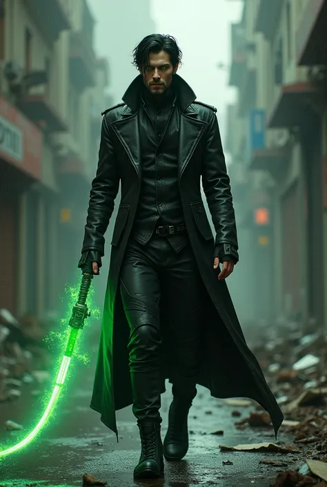 White male character with black hair and green eyes wearing black leather overcoat and body veins shining in green holding a holographic whip on a destroyed street raining 