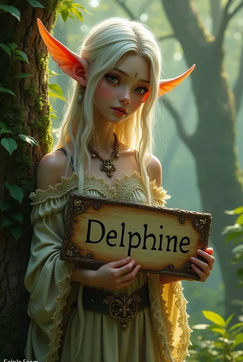 Elf réaliste avec pancarte texte marqué " Delphine" 
