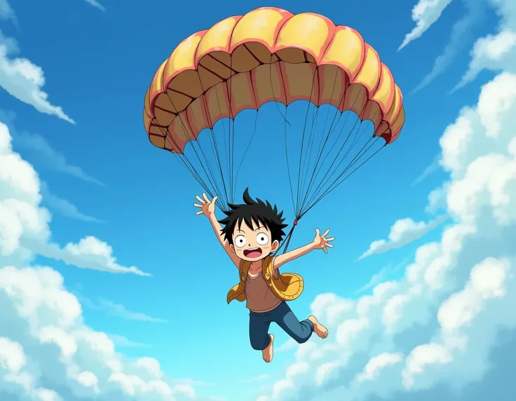 Anime boy flying with a parachute in the sky, one piece style art