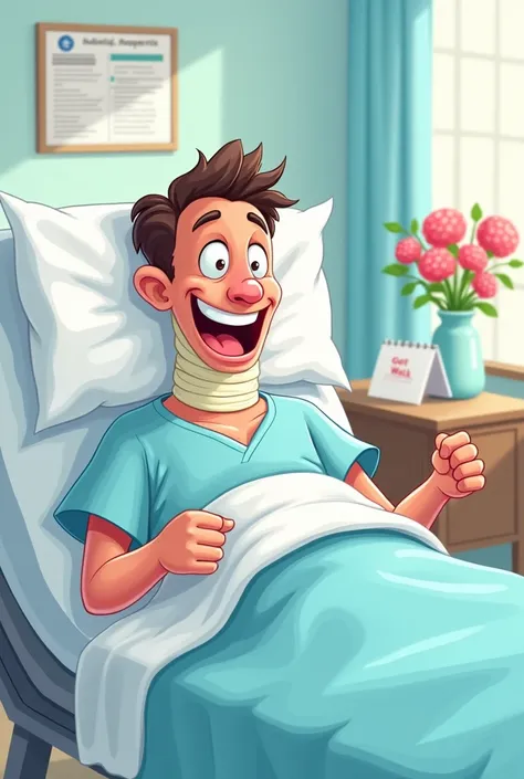 cartoon of a hospitalized man showing his neck