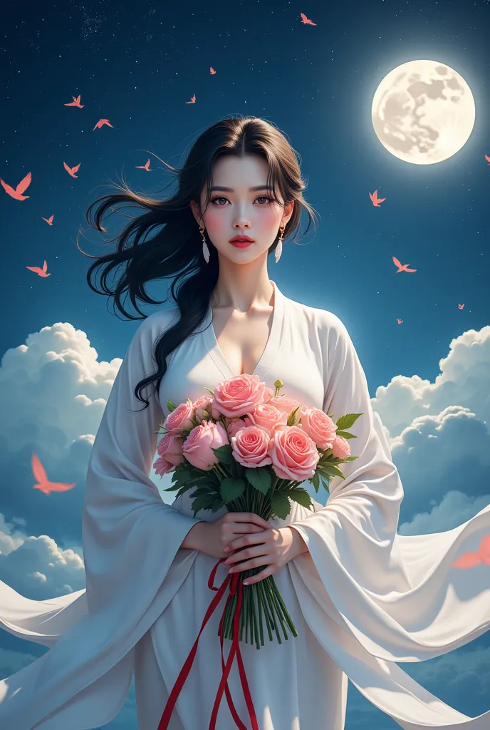 a woman in hanfu holding a bouquet of flowers, realistic photo style, ink painting, 1 mature woman, sky, moon, stars, birds, det...