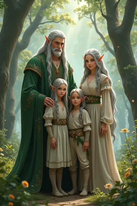 " A family of elves in a fantasy RPG style ,  posing in a magical forest setting .

Good:  Elf with long silver hair ,  bright green eyes .  He wears typical elf clothes ,  with an elegant robe in shades of green and silver ,  adorned with embroideries tha...