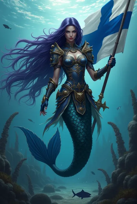 warrior mermaid, armour, holding Finland flag, dark purple hair, under water, long tail