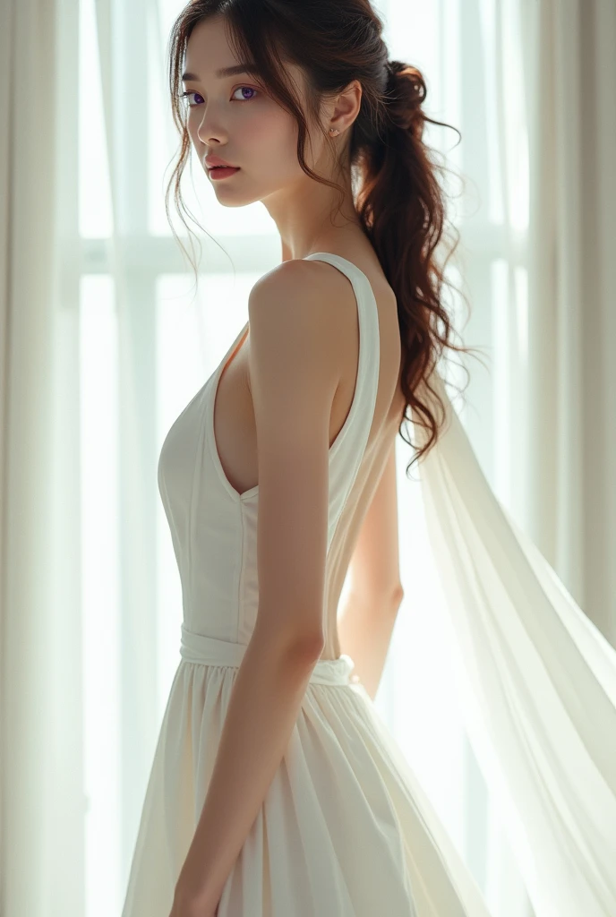 A Dark brown sugar-haired woman with purple eyes has her hair in a ponytail without bangs, wearing a white dress. The dress is short in the front and long in the back, like a bridesmaids dress, wearing high heels, and her whole body is visible from head to...