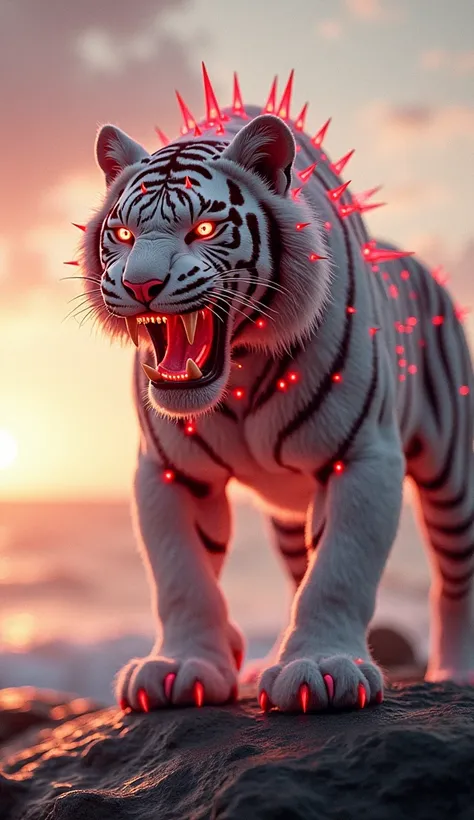 Here’s a detailed prompt for the AI image generator:

"Create a hyper-realistic image of a large hybrid mutant white tiger with incredible muscular build, standing in a human-like posture at the edge of the sea. The tiger is covered in sharp, glowing red d...