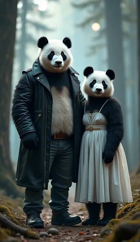 A strong panda pair covered in fluffy black-and-white fur. Male wears a black leather jacket and jeans, female a white flowing dress. Background: a mystical forest with moonlight streaming through trees.