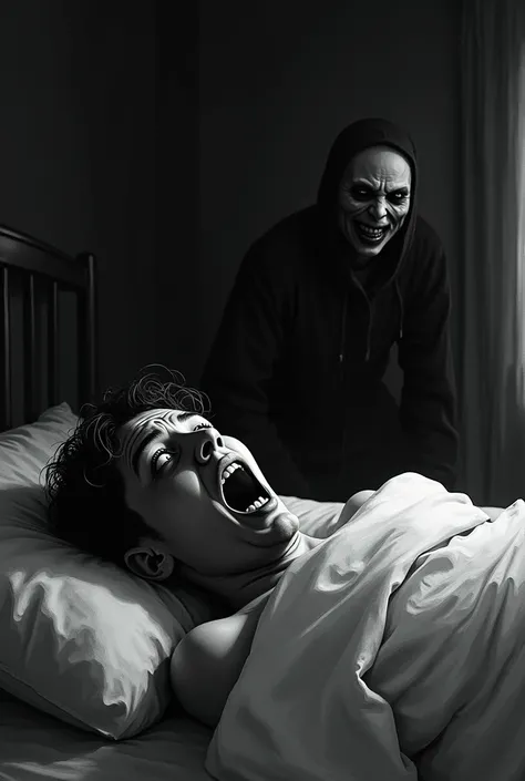  A  in his bed with wide eyes ,  lying on its side,  the bedroom environment is bleak ,  in the corner of the bedroom the figure of a black face without eyes,  just with a sinister and drooling smile ,  must be a scary image , Black white and shades of gra...