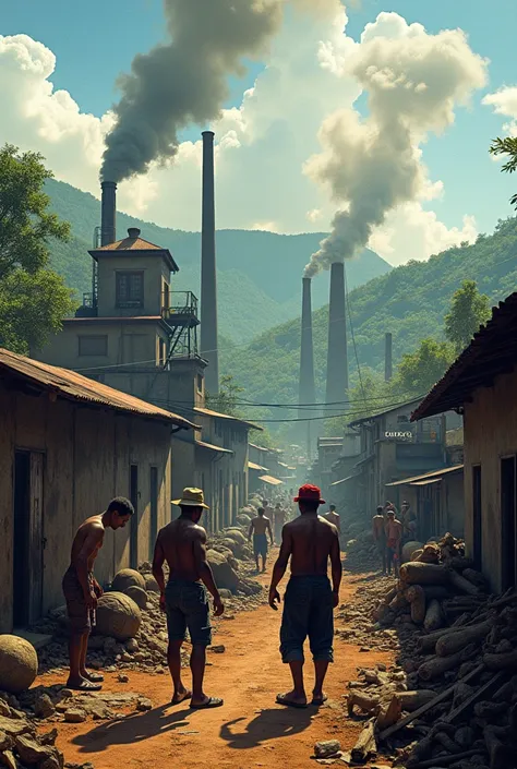 Create a photo of Industries or Factories in Haiti and several men working