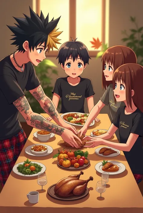 One small anime boy, One Slender Anime style Man, One Slender Anime style Woman, Man has grey blue eyes, medium length hair, hair spiked and floppy, half black half blonde hair, pierced ear, tattoos all over, hand and finger tattoos, black shirt, red plad ...