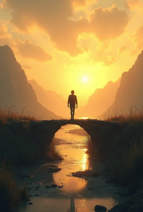  An individual walking toward the horizon ,  leaving behind an old, broken bridge ,  symbolizing overcome challenges . The sky is partly cloudy,  with warm orange and golden hues of dawn . The scenery includes mountains in the distance ,  a tranquil river ...