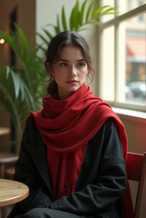 (photorealism:1.2), beautiful woman, sitting on chair, wearing black coat and red shawl Islamic image, look at the camera, backgroundwhite color, indoors, soft lighting, plants in background, window with sunlight, at cafe, relaxed pose, realistic, intricat...