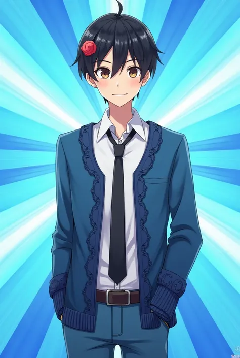  Anime character , man, teenager, vanilla skin, Straight hair, short hair , ,  black hair,  brown eyes ,  white shirt with black tie , blue open sweater with dark blue decoration,  blue denim pants red brooch in the hair, wearing green cap backwards ,  sli...