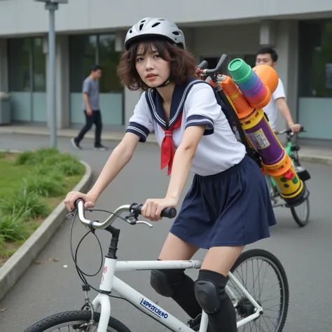  Japanese Women １people,  Documentary Photo , Realistic,  dramatic scene ,  very beautiful Japanese high school girl , Bad boy, Short Curly Hair, Trying to ride a bike, In front of a Japanese high school,  Masterpiece , ( face focus:1.3),  beautiful eyes ,...