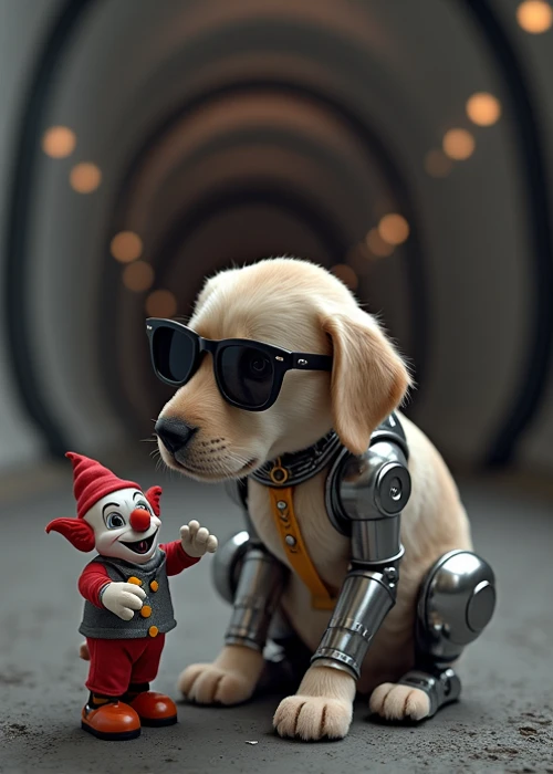 (aerial view). realistic portrait, a robotic Labrador puppy with black micro sunglasses, 1dog, playing with a small clown toy, simple outlined huge sci-fi tunnel in the background.