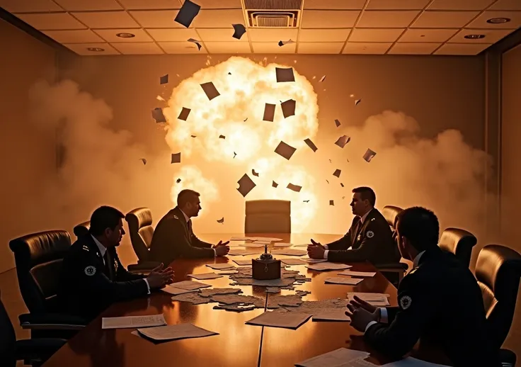 Explosion in the conference room :  A dramatic scene where the room is full of smoke ,  debris flying through the air and a table broken in half .  Some officers are being thrown backwards by the shock wave ,  while others try to protect themselves with th...