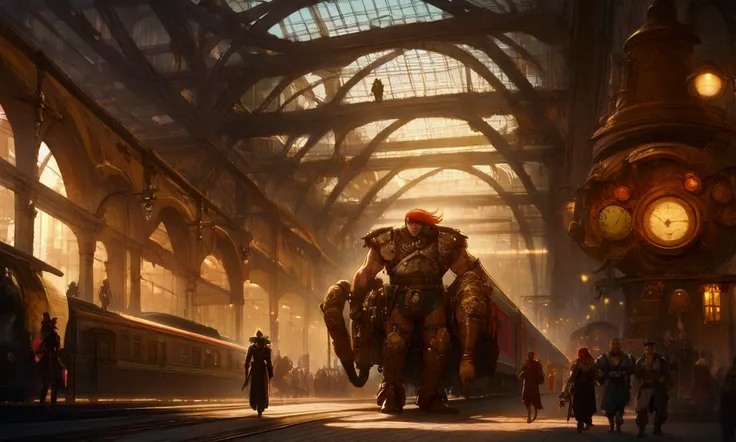 (heman, teela, man-at-arms, masters of the universe, high fantasy, steampunk, train station, busy train station, eternia, detailed characters, highly detailed, cinematic, dramatic lighting, intricate background, dynamic composition, vibrant colors, masterp...