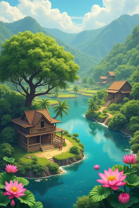 Create a small village near the big lake with full of lotus but no mountain. The first farm house has a large tamarind tree and the second farm house is a little big house with a large tamarind tree. To its south is a shrine and a large grove of trees. To ...