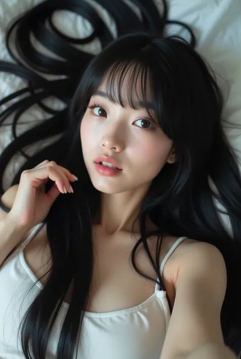  Japanese　 Ultra HD　８ｋ　 Smile、Im lying in bed holding my smooth straight hair with both hands。、  looking at the camera 、、Cute、 Japanese women、Selfie　(( Her long hair scattered on the bed .!!!!!))　(( Her hair is straight !!!!!))　(Her hair is jet black!!!)　(...