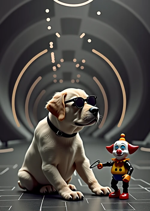 (aerial view). realistic portrait, a robotic Labrador puppy with black micro sunglasses, 1dog, playing with a small clown toy, simple outlined huge sci-fi tunnel in the background.