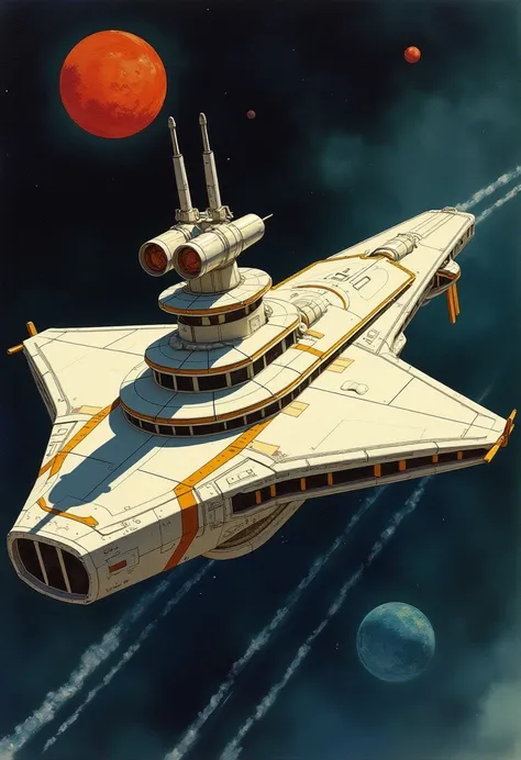 A small starship 45 feet long, three decks high, and 22 feet wide. It has a pristine alabaster white hull with intricate gold trim, and a single double cannon turret. It flies in deep space, the sun is a distant orb. Pulp science fiction style, watercolor,...