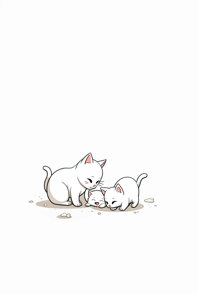 3 cats, a mother with her two happy babies , In anime style and 2D drawing ,  without color or background ,  like for coloring but more anime style