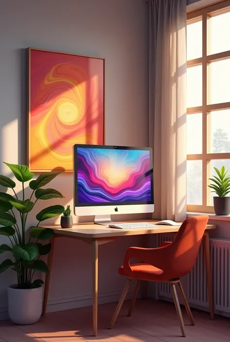 Create a picture with a table against the wall with a computer on it and a colorful picture in the computer and a green flower on the table and a beautiful picture hanging on the wall.