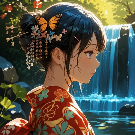  1 girl,waterfall,  high definition ,kimono,Japanese hairstyle, Hairpin,  butterfly hair accessories, 