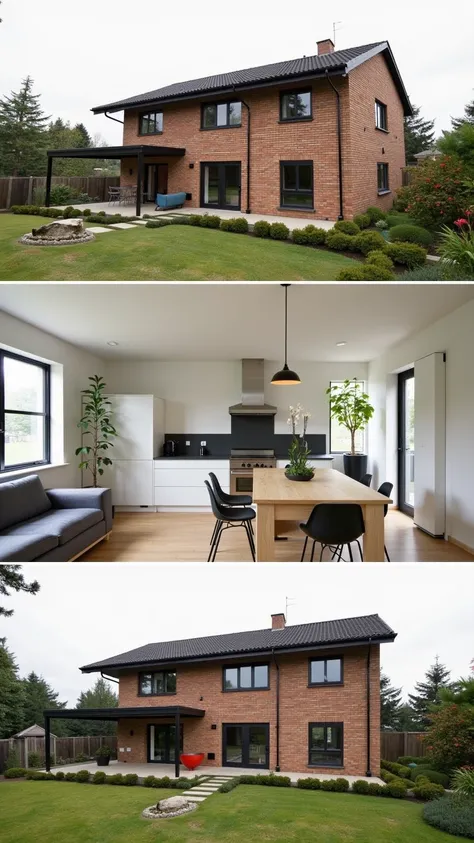 Size: "3-storey house with 8m frontage"
Materials: "Use fired bricks for exterior walls"
Style: "Scandinavian style"
Interior: "Modern kitchen with kitchen island"
Landscape: "Bonsai plants in the garden"