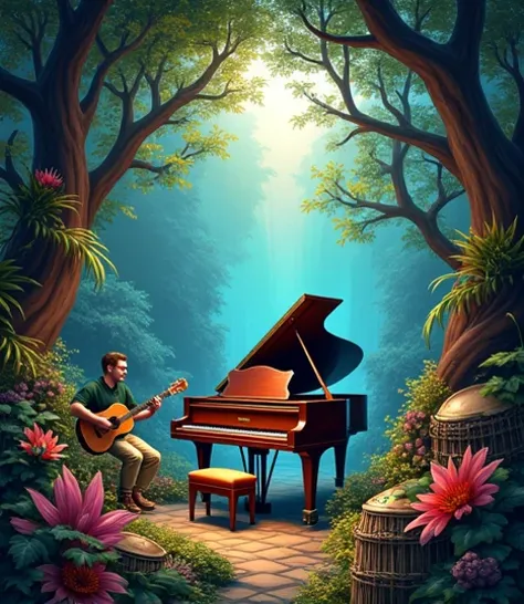  Put this image as a logo or set it aside above a lot of nature, many colors, about World of Sensations, metele piano, tambores, colores, guitarras