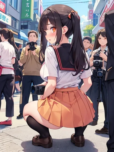 (ultra-detailed, master piece, best quality, high resolution, beautiful hair, beautiful eyes, expressive eyes, perfect face, perfect and correct human anatomy),
The streets of Akihabara crowded with men, the sidewalk in front of a convenience store crowded...