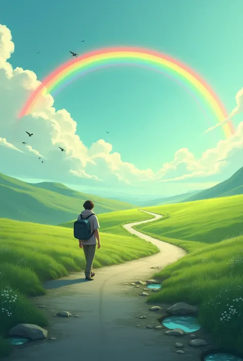  A long, winding road stretching through a verdant field ,  with a bright rainbow in the sky . In the middle of the road, a person walks alone , with a backpack on his back,  Looking at the Horizon.  Details include the reflection of the rainbow in small p...