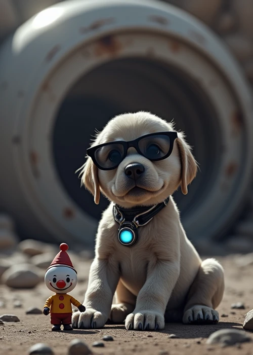 (aerial view). realistic portrait, a robotic Labrador puppy with black micro sunglasses, 1dog, playing with a small clown toy, simple outlined huge sci-fi tunnel in the background.