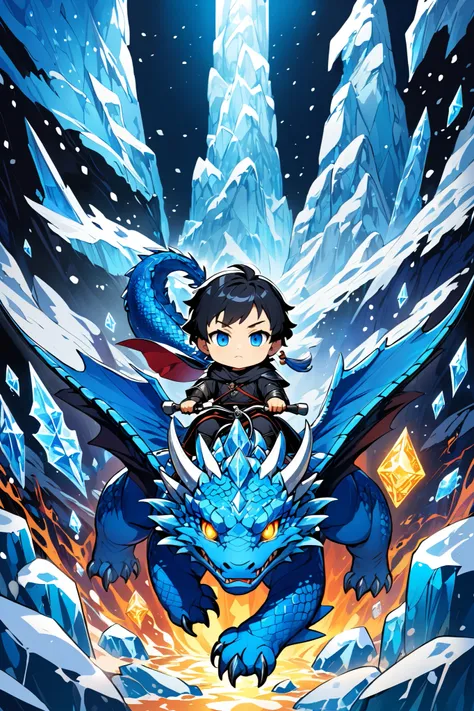 deformed characters 、Chibi style anime style、1 person、Onmyoji、 A young adult man with black hair and blue eyes,  short hair, serious look,  Snowy mountain symbols and elements 、dark hooded dress, Illuminated atmosphere and ice ,  vibrant and energetic comp...