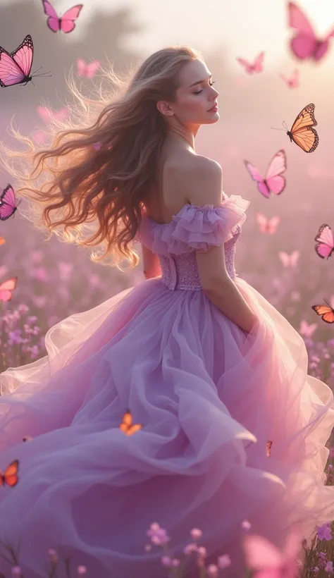 Fantasy mistic picture: ultra romantic mood, fairytale mood, romantic russian woman 35 years old in lilac romantic ruffles dress, her hair fluttering in the wind, a lot of pink butterflies flys around her, many butterflies in the air, long hair fluttering ...